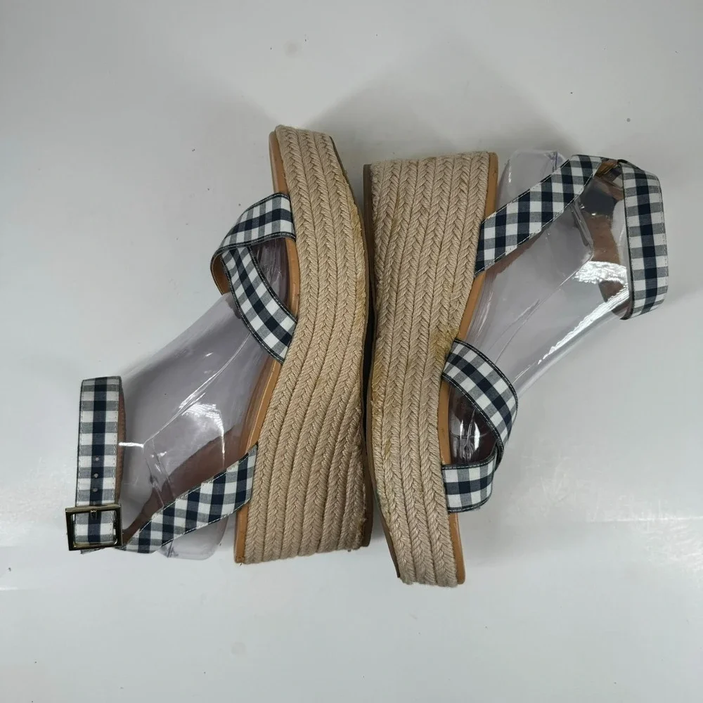 J.Crew Women's US 8.5 Navy Blue Gingham Flatform Espadrille Wedge Sandals L4669